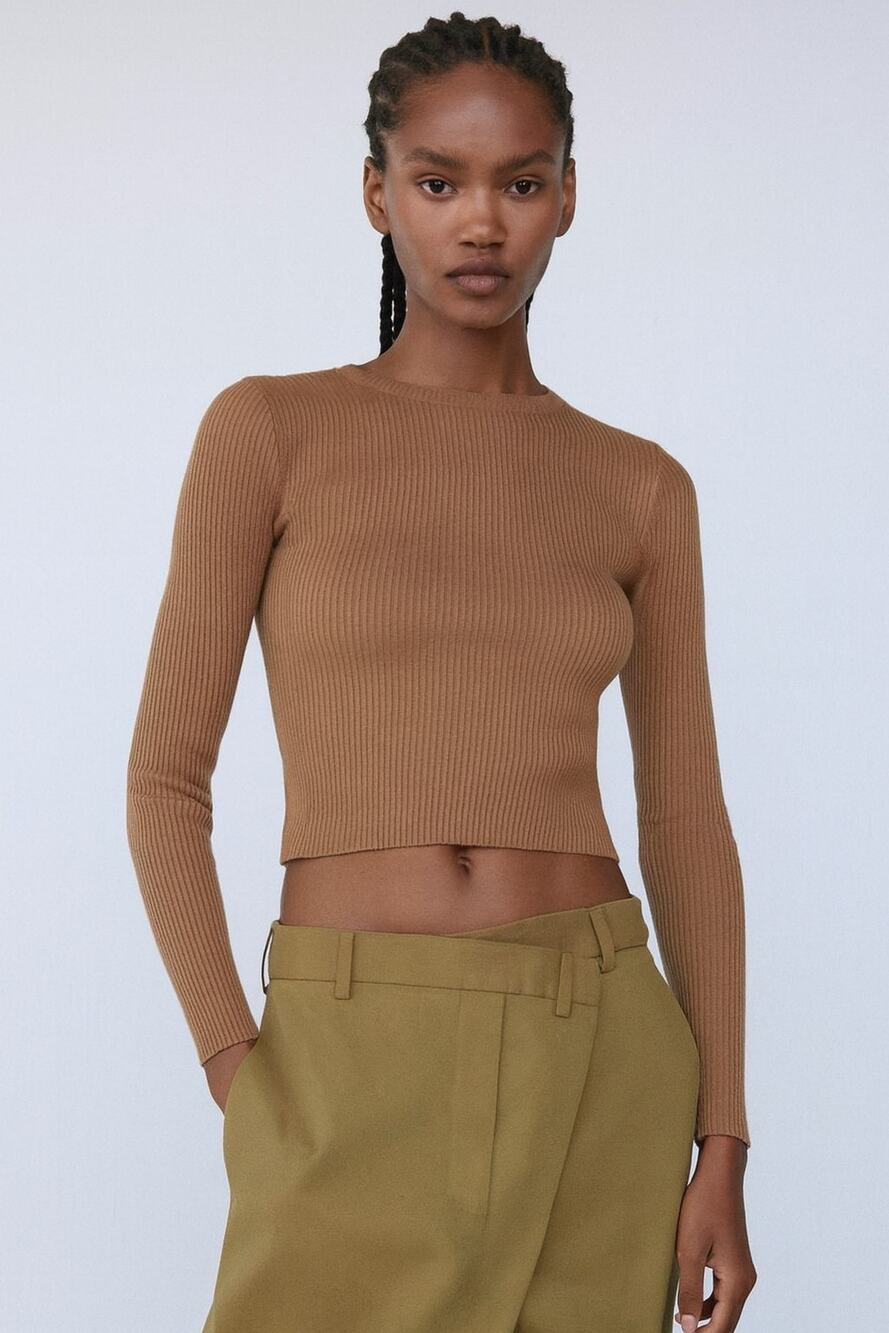 Zara Ribbed Shoulder‎ Pad Long Sleeve Top Brown Capsule Minimalist Size M
